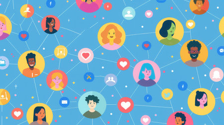 Colorful illustration of diverse people connected through a social media network, perfect for community management companies and social platforms.の素材