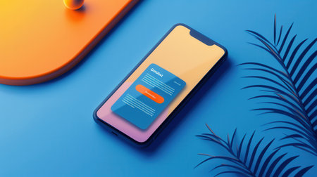 A smartphone displaying a social media news feed on a blue background with tropical plant leaves.の素材