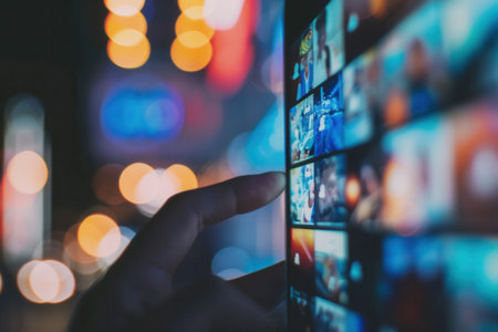 A persons hand scrolls through a social media news feed on a smartphone, with a blurred city background and soft light.の素材