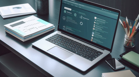 A close-up image of a workspace with an open laptop displaying social media tabs, showing productivity and digital engagement.の素材