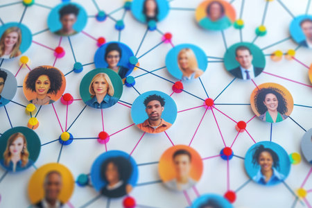 A vibrant visual representation of a social media network, showing a diverse group of people connected through colorful threads, symbolizing a connected and inclusive community.の素材