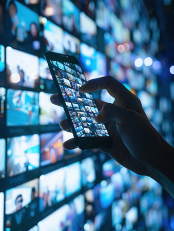 A hand holds a smartphone with a social media news feed visible on the screen. The background is a blurred view of a digital screen displaying a multitude of images and videos.の素材