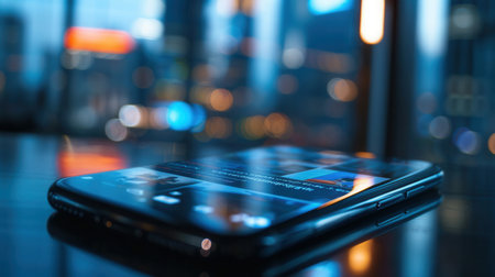 A close-up shot of a smartphone displaying a social media news feed, positioned on a reflective surface with a blurred city background.の素材