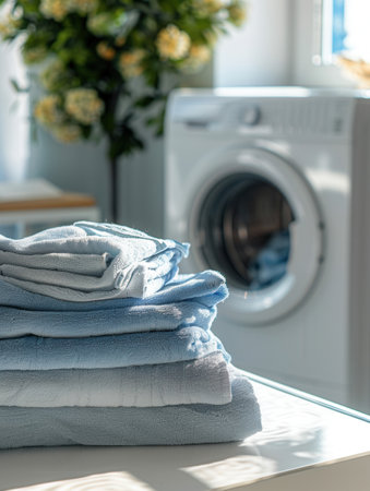A stack of freshly washed light blue laundry sits neatly folded on a white counter next to a white washing machine.の素材