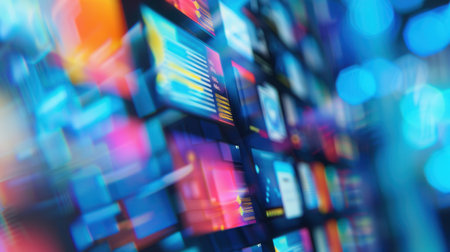 Close-up shot of a smartphone screen displaying a fast-moving social media news feed, with colorful and blurred information scrolling quickly.の素材