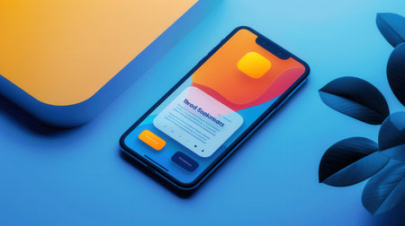 A smartphone displaying a social media news feed with a blue background and a plant leaf in the corner.の素材