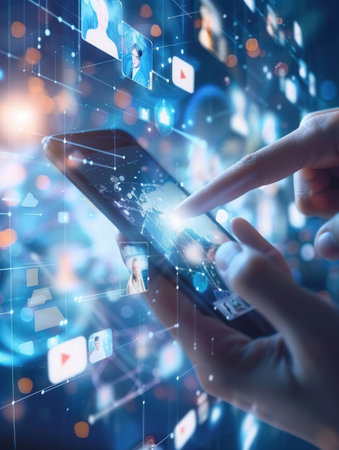 A persons hand scrolls through a social media feed on a smartphone screen, showing the constant flow of information and content in the digital age.の素材