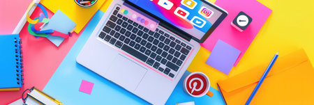 A vibrant workspace with a laptop displaying open social media tabs, perfect for social media management companies and freelancers.の素材