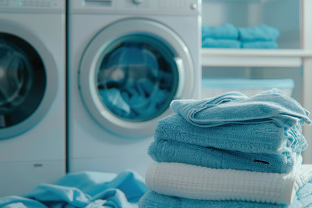 A stack of freshly washed towels sits neatly on a countertop in a laundry room, with a washing machine visible in the background.の素材