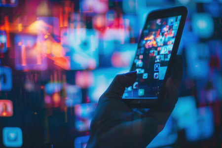 A hand holds a smartphone displaying a social media news feed, with a blurred background of colorful squares representing other posts and content.の素材