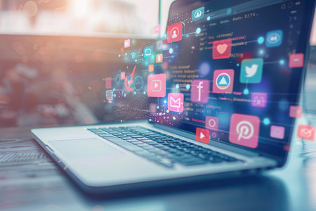A close-up shot of an open laptop showcasing social media icons on the screen, symbolizing digital engagement and productivity.の素材