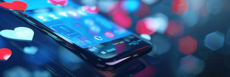 A close-up photo of a smartphone screen displaying a social media news feed with heart icons. The image conveys a sense of online activity and engagement.の素材