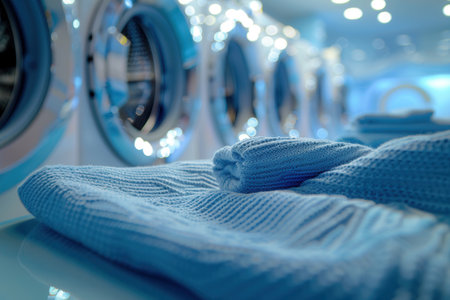 A close-up of neatly folded blue towels sitting in front of washing machines in a laundromat.の素材