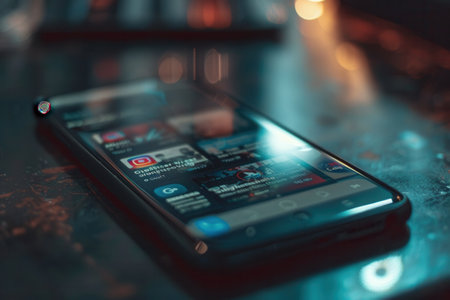 A close-up shot of a smartphone displaying a social media news feed, with a blurred background.の素材