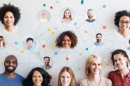 A diverse group of people stand together, connected by a vibrant social media network.の素材
