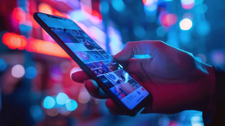 A close-up image of a persons hand holding a smartphone, scrolling through a social media feed at night in a city.の素材