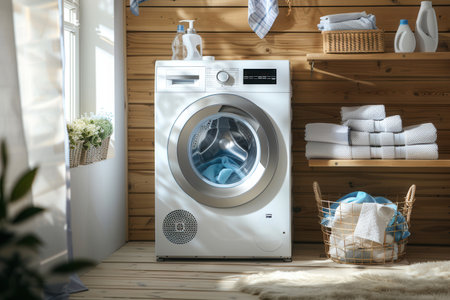 A modern laundry room with a washing machine and a basket of neatly folded clean laundry.の素材