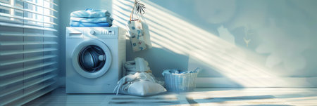 A white washing machine sits in a bright room, next to a pile of neatly folded clean laundry. Sunlight streams through the window, illuminating the space.の素材