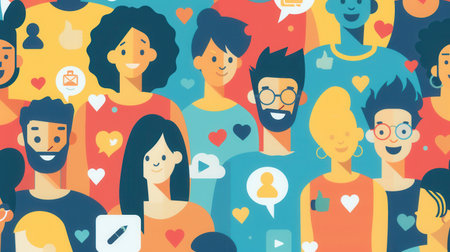 Diverse group connected on social media, vibrant colors, inclusivity, and positive community vibes.の素材