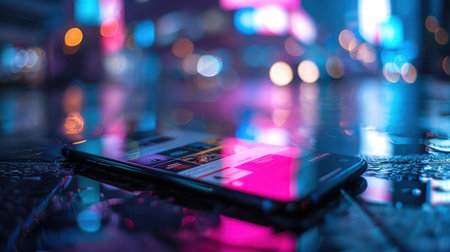 A smartphone lies on a reflective surface with its screen displaying a social media news feed, while the background blurs out a brightly lit city nightscape.の素材