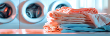 A stack of neatly folded clean laundry rests on a countertop in a laundry room. Two washing machines are in the background.の素材