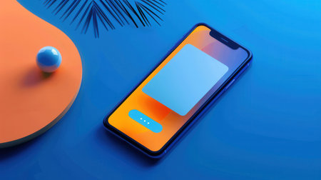 A smartphone displays a blank social media news feed screen on a blue surface, set against a vibrant background, showing its modern design and functionality.の素材