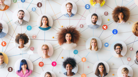 An image depicting a diverse group of people connected through a social media network, emphasizing the power of community and inclusivity.の素材