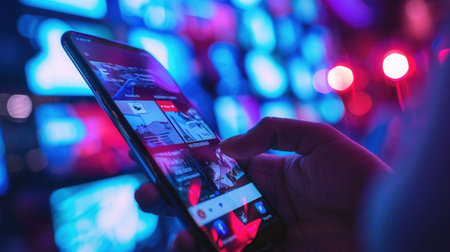 A persons hand scrolls through a social media news feed on a smartphone, displayed against a background of vibrant blue and pink lights.の素材