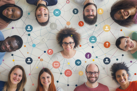 A variety of individuals joyfully gaze upwards in front of a backdrop symbolizing social media links, demonstrating the strength of digital community.の素材
