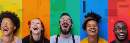 Diverse group of people happily laughing together, symbolizing the power of social connections and online communities.の素材