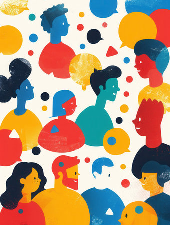 A vibrant illustration depicting a diverse group of people connected through speech bubbles, representing the dynamic and inclusive nature of online communities.の素材