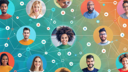 A vibrant illustration of diverse individuals connected through a social media network, representing the power of online communities.の素材
