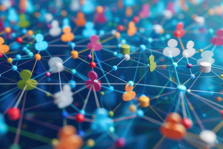Abstract illustration of a social media network, highlighting the interconnectedness of communities and groups.の素材