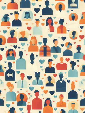 Illustration depicting a diverse group of people representing users of social media platforms, with hearts scattered throughout.の素材
