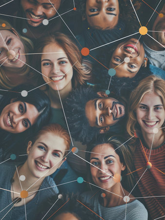 A close-up image of a diverse group of people connected by a network of lines and circles, symbolizing social media connections and community building.の素材