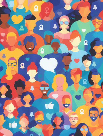 A vibrant illustration depicting a diverse group of people connected through social media, representing the inclusive and dynamic nature of online communities.の素材