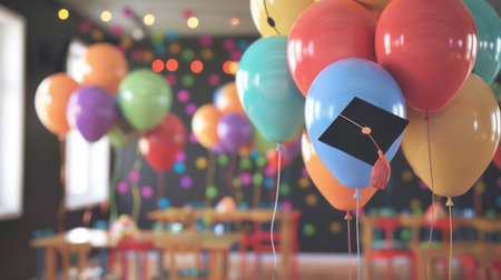 A close-up shot of colorful balloons with congratulatory messages and school symbols, signifying a graduation party celebration.の素材