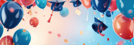 A celebratory scene featuring graduation caps and balloons with congratulatory messages.の素材