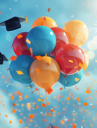 A group of brightly colored balloons with congratulatory messages float against a blue sky, celebrating a graduation party with confetti and caps.の素材