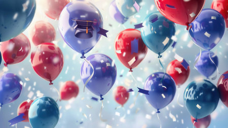 A festive image featuring blue and red balloons floating against a background of confetti. The balloons have congratulatory messages and school or university symbols.の素材