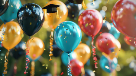 A close-up image of colorful balloons with graduation caps floating against a backdrop of confetti and a blurred green background.の素材