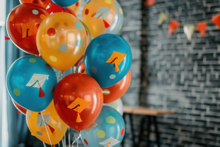Close-up of colorful balloons with graduation caps and tassels, likely used as decorations at a graduation party.の素材