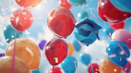A vibrant assortment of balloons, decorated with celebratory messages and school symbols, float against a bright blue sky, signifying a joyous graduation party.の素材