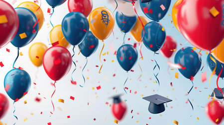 A celebratory scene with blue, red, and yellow balloons adorned with congratulatory messages and school symbols, floating amidst confetti.の素材