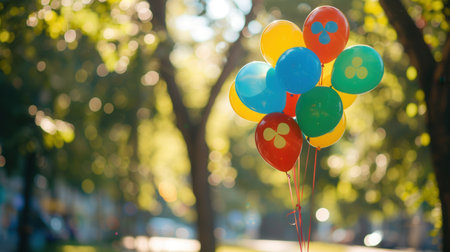 A bunch of colorful balloons, decorated with congratulatory messages and school symbols, float against a background of blurred trees and greenery at a graduation party.の素材