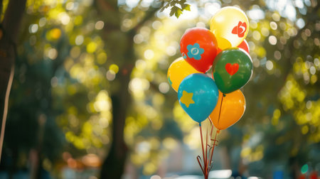 A group of colorful balloons with graduation messages and symbols floats in a blurred green background.の素材