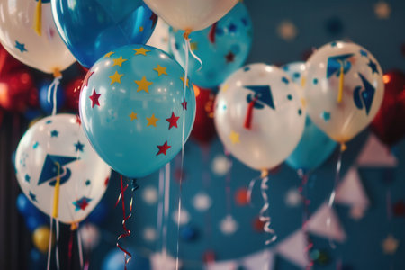 A close-up of balloons decorated with stars, graduation caps, and celebratory messages at a graduation party.の素材
