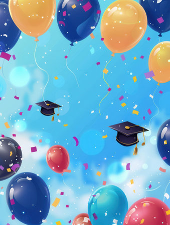 A celebratory graduation background featuring colorful balloons with congratulatory messages and school symbols.の素材