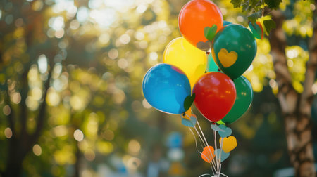 Brightly colored balloons with celebratory messages and school symbols float in the air against a blurred outdoor backdrop.の素材