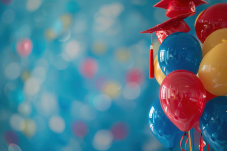 Graduation party decor with balloons featuring caps and tassels, and congratulatory messages against a blurred blue background.の素材